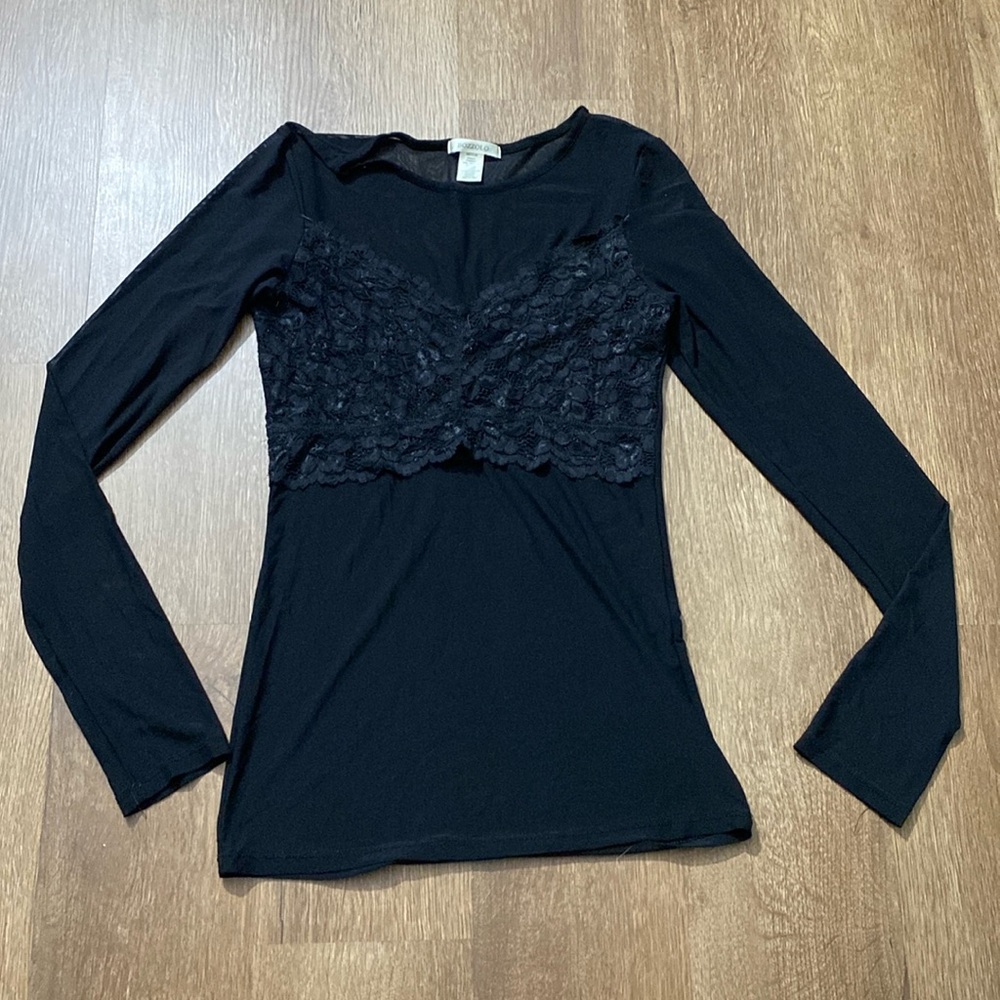 bozzolo black mesh sheer lace see though long sleeve top medium